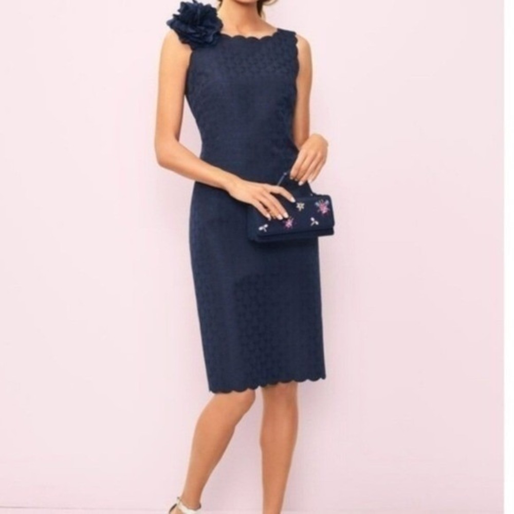 Talbots RSVP Rich Indigo Cocktail Sheath Dress Scalloped Navy Blue Jacquard 10